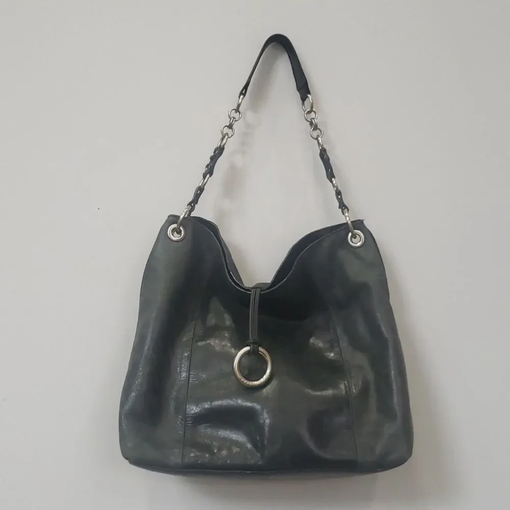 Franco Sarto Purse Hobo Distressed Leather Black Silver Link Hardware Tote